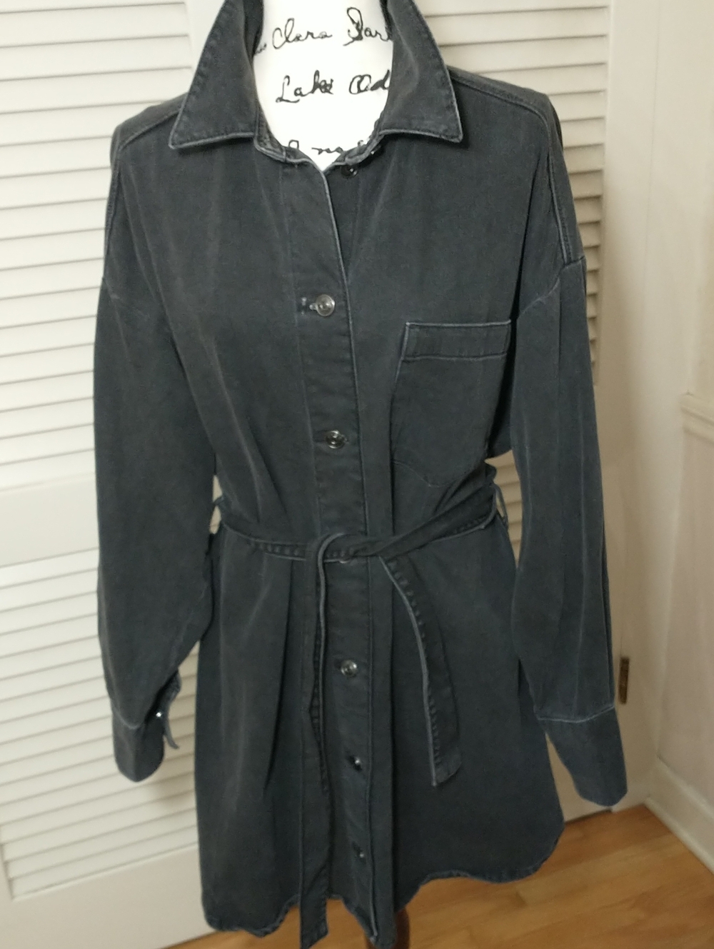 Black Long Jean Jacket Shirt, Size L, 100% Cotton, Cottage Core, Grandma Core